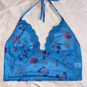 Blue Butterfly Print Halter Bralette